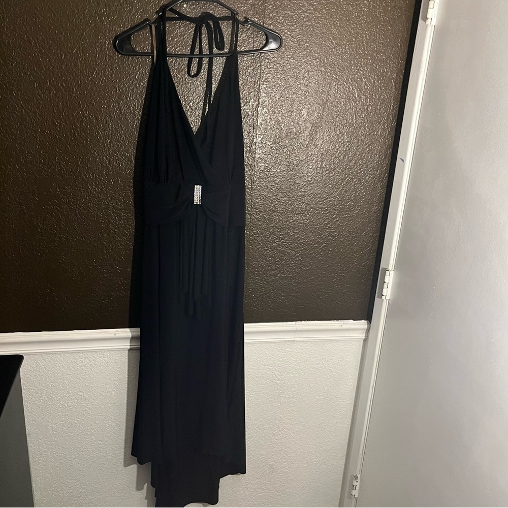 Black V Neck Tie Behind the Back Halter Evening Dress with Rhinestones in Center